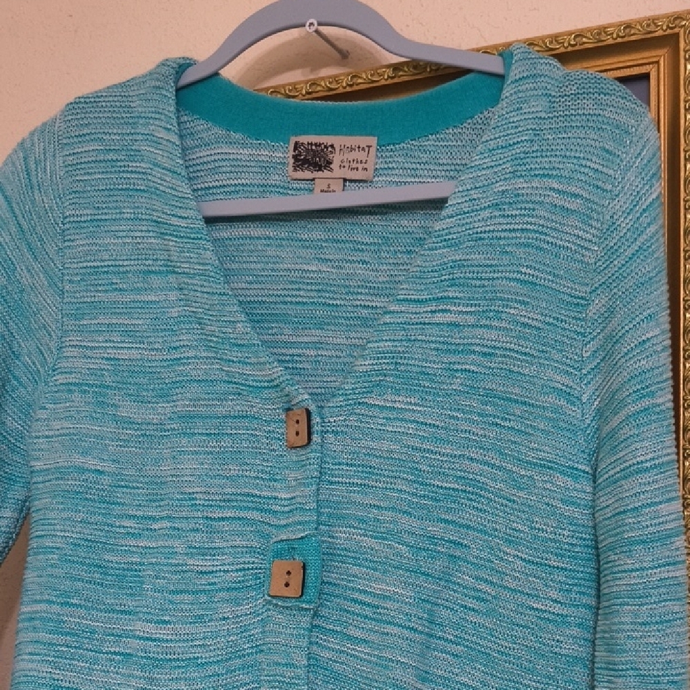 Habitat Turquoise Cardigan with Wooden Buttons Natural Materials Cozy Boho - Picture 2 of 15